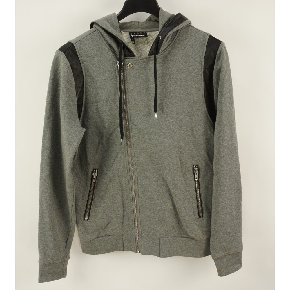 The Kooples Sport Asymmetric Zip Terry Full Zip Hoodie Mens XL Gray Leather Trim